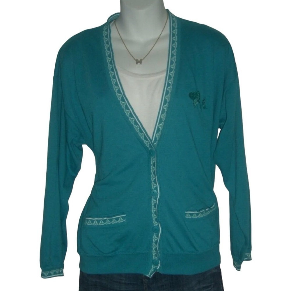 Vintage 80's Gina Peters Turquoise Varsity Cardigan Embroidered Flower Cardi M